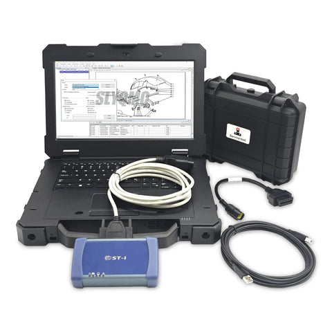 Diagmaster All In One Diagnostic Kit For Diesel Engines And Electronic Control Units With Software Parts Manual Full Diagnostic Tool Set 4 Pin Cable Laptop Ready Ideal For Takeuchi Hino Kubota Machinery displayed with laptop, cables, and case.