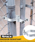 Beefy Four Pack Chain Link Gate Hinges For Fence Posts Three Inch Hinge, Two Seven Eighths Inch OD, Five Eighths Inch Bolt, Galvanized Steel Heavy Duty Fence Hardware For Outdoor Use, Includes Bolts And Nuts installed on fence post.