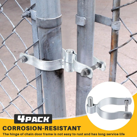 Beefy Four Pack Chain Link Gate Hinges For Fence Posts Three Inch Hinge, Two Seven Eighths Inch OD, Five Eighths Inch Bolt, Galvanized Steel Heavy Duty Fence Hardware For Outdoor Use, Includes Bolts And Nuts installed on fence post.