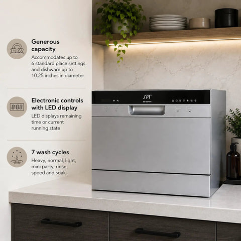 Sleek Compact Countertop Dishwasher With Delay Start And Seven Wash Cycles Portable Kitchen Essential Featuring Stainless Steel Interior six place setting capacity placed on a countertop with LED digital display.