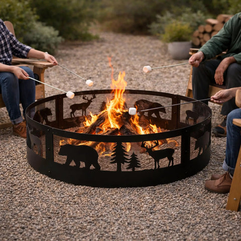 36 Inch Heavy Duty Wood Burning Fire Pit Ring With Decorative Wildlife Design in use with people roasting marshmallows