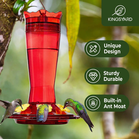 Outdoor 10 Oz Hummingbird Feeder With Ant Moat And Bee Proof Ports, red vertical design, sturdy, hangable in garden.