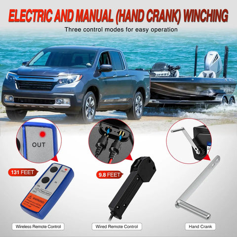 Beefy 3500 Lb Electric Boat Winch 12V DC With Remote Control And Hand Crank Portable Waterproof Reversible Trailer Winch For Boats Perfect For Small To Mid Size Boats Weatherproof Housing Smooth Operation Remote And Manual Crank Power In Freewheel, wireless and wired controls