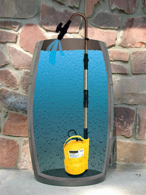 Utility And Sump Pump 1585X Gold Series Half HP Submersible Water Pump in rain barrel with stone wall background