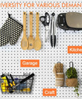 Pegboard Organizer Set 42 Piece Kit With Large Baskets Bins Cups Hooks And Book Holder For Wall Storage In Garage Shed Office Craft Room Universal Fit For Pegboards With One Inch Hole Spacing Black showing various uses in kitchen, garage, and craft areas