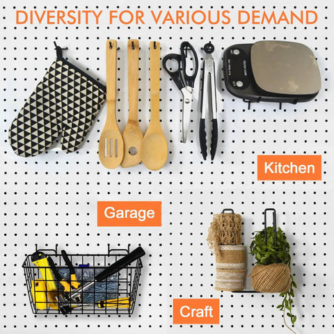 Pegboard Organizer Set 42 Piece Kit With Large Baskets Bins Cups Hooks And Book Holder For Wall Storage In Garage Shed Office Craft Room Universal Fit For Pegboards With One Inch Hole Spacing Black showing various uses in kitchen, garage, and craft areas