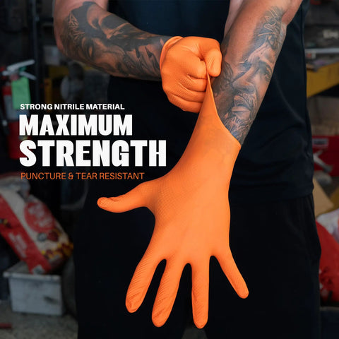 Kickass Heavy Duty 8 Mil Orange Nitrile Gloves With Diamond Textured Grip, Latex And Powder Free For Industrial Mechanic Shops, Ultra Thick Chemical Resistant Protection, 10 Pack Large, worn by a mechanic.
