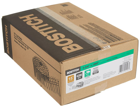 Box of Thickcoat 1-3/4 Inch By.080 Inch 15 Degree Ring Shank Coil Siding Nails for exterior home projects, 4,200 count per box