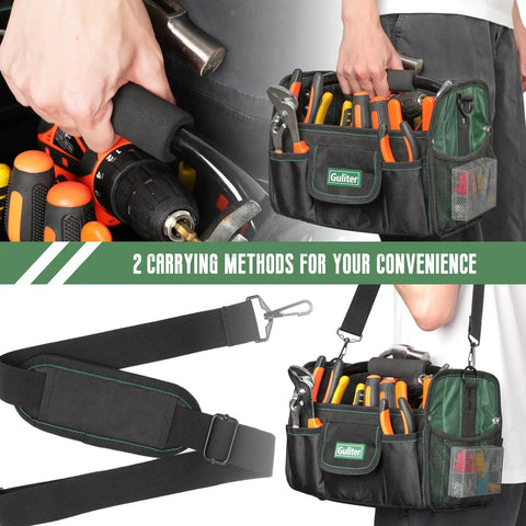 Solid 11 Inch Open Top Tool Tote With 21 Slick Pockets Built For Electricians And Contractors Durable 1680D Oxford Canvas Work Bag Sporting Stainless Steel Handle And Comfy Adjustable Strap For The Daily Grind And Quick Gear Grab Black Green