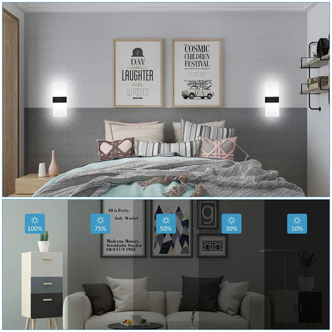 Modern Indoor Wall Sconces Set Of Two LED Wall Mount Lamps 12W Cool White 6000K in bedroom and living room settings.