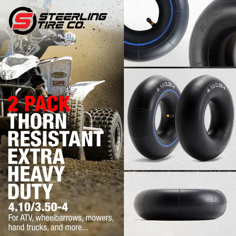 Thorn Resistant 4.10/3.50-4 Inner Tubes 2 Pack Built Tough Replacement For Wheelbarrows Lawn Mowers Hand Trucks And More 4 Inch Rims With Bent TR-87 Valve Stem