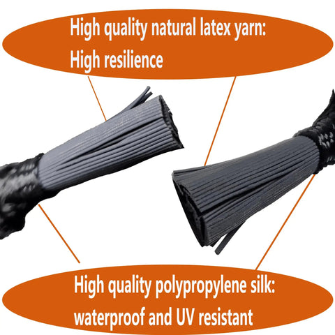 Close-up of materials used in Heavy Duty Ball Bungee Cords 30 Pack Set In 6, 9, And 12 Inch Sizes, UV Resistant And Anti Oxidation.