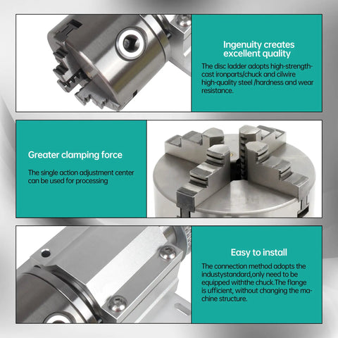 Close-up of 100mm No Power Multi Function Lathe Chuck Spindle Assembly for CNC Lathe with four-jaw design and adjustment details