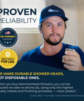 Man in blue shirt and cap holding shower head, text about proven reliability and quality at HammerHead Showers store display.