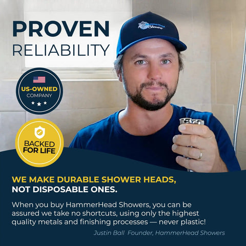 Man in blue shirt and cap holding shower head, text about proven reliability and quality at HammerHead Showers store display.