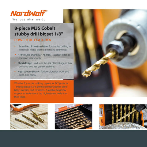Close-up of 8-Piece M35 Cobalt Stubby Drill Bit Set 1/8 Inch for precise drilling in metal and wood, shown in storage case.