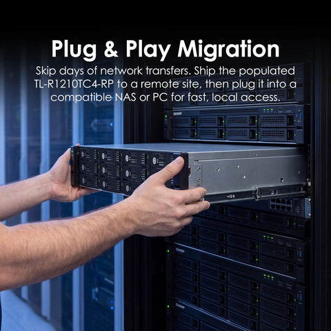 Person inserting Heavy Duty 2U Rackmount JBOD Array 12 Bay SATA Storage Box With USB4 40Gbps Type C Port into a server rack.