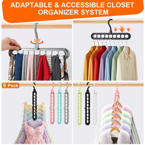 Space Saving Dorm Room Hangers Pack Of 6 With 9 Holes for wardrobe organization showcasing multicolor hangers in use.