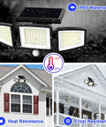 Solar Motion Sensor Flood Lights Outdoor 210 LED 2500LM With Remote 3 Head Security Floodlight mounted on house exterior demonstrating heat and frost resistance.