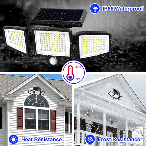 Solar Motion Sensor Flood Lights Outdoor 210 LED 2500LM With Remote 3 Head Security Floodlight mounted on house exterior demonstrating heat and frost resistance.