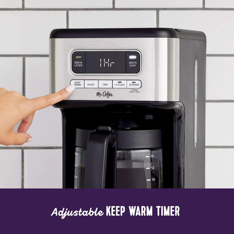 14 Cup Programmable Coffee Maker In Stainless Steel With 1 To 4 Cup Small Batch Setting And Grab A Cup Auto Pause.