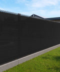 6x50 Privacy Fence Screen Heavy Duty Mesh Shade Net for outdoor walls gardens and pool decks, black, installed on fence