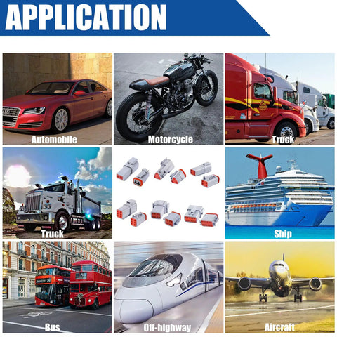 Image collage showing applications for Tough As Nails 2 Pin Gray Waterproof Electrical Connector Kit with seals: automobile, motorcycle, truck, ship, bus, off-highway, aircraft.