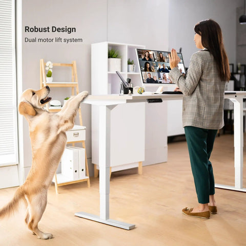 Smooth Electric Adjustable Standing Desk For Home Office Crafted With Heavy Duty Steel Frame, dual motor lift in use.