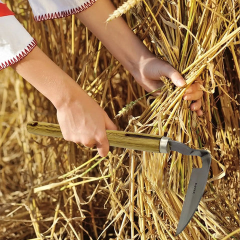 Person using Durable Hand Weeder Sickle Tool with Hardwood Handle for easy weeding and mowing in harvest field.