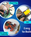 Hands assembling circuit board and robot parts from Ten In One STEM Robotics Kit For Kids Aged 8 To 14 With Hands On Electronics And Engineering Projects.