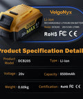 Heavy Duty 4 Pack 8.5Ah Replacement Battery Compatible With Dewalt 20V Max Power Tools delivering detailed specs on a lithium-ion battery.