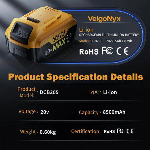 Heavy Duty 4 Pack 8.5Ah Replacement Battery Compatible With Dewalt 20V Max Power Tools delivering detailed specs on a lithium-ion battery.