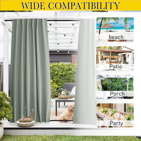 Weighted Outdoor Curtains For Patio With Rope Tie, Waterproof And Windproof Thermal Privacy For Pergola, Back Tab And Rod Pocket Top And Bottom, 2 Panels W52 X L84, Sage Green installed on pergola with garden view