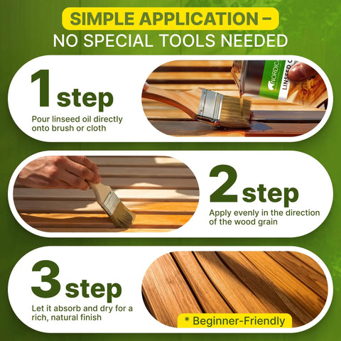 Three-step application of Pure Linseed Oil For Wood 100 Percent Natural And Food Safe For Indoor Furniture Care step-by-step guide
