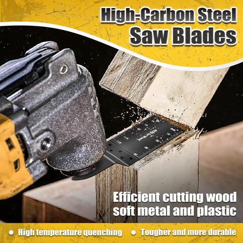 Side view of oscillating tool blade kit, 20 blades (1 titanium, 19 wood) for wood, metal and plastics