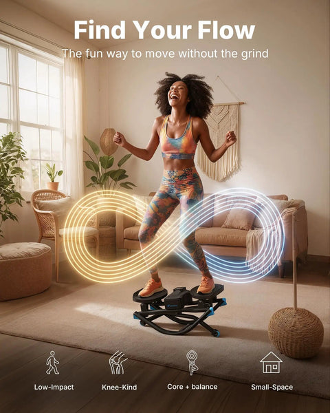 Woman using Smooth 3D Motion Rocking Stepper For Home Workouts Hits Different With Side To Side Action in a cozy living room.