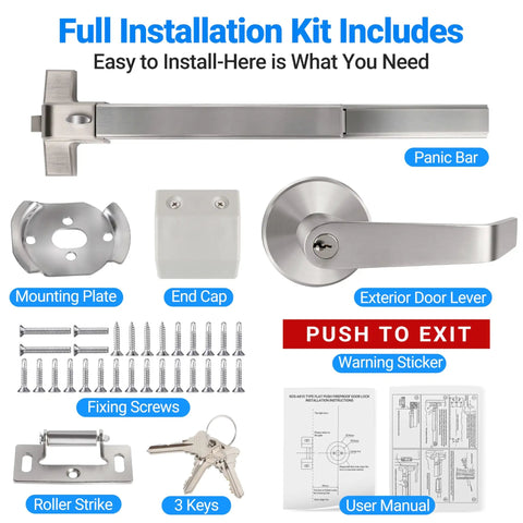 Installation kit for Badass Commercial Door Push Panic Bar with Stainless Steel Lever Handle 31 Inch Exit Device components.