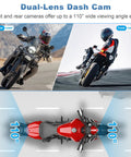 Dual-lens dash cam feature of 6 Inch Android 14 Standalone Bike Screen With Google Play Store Slick Wireless Apple CarPlay And Android Auto GPS 1080P DVR TPMS 1000 Nits WiFi IP67 Waterproof Bluetooth 5.0 Magnetic Mount