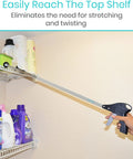 Suction Cup Grabber Reacher 32 Inch Long Reach Tool lifting a bottle from a top shelf, showing ergonomic handle use.