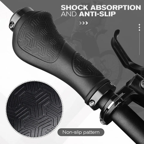 Close-up of premium ergonomic non slip bike grips for MTB handlebar dual locking 130mm universal fit, showing texture pattern