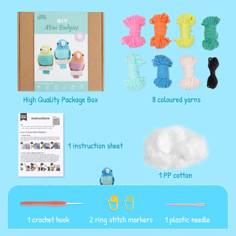 Beginner Crochet Kit For Amigurumi Birds Make 3 Mini Budgie Buds With Easy Peasy Step-By-Step Video Tutorial Yarn Hook Safety Eyes Stuffing Included Easy DIY Craft Kit Gift For Adults.