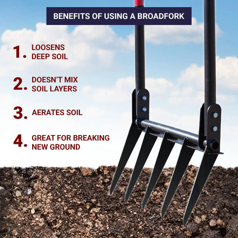 Heavy Duty Broad Fork Garden Tool With 5 Steel Tines For Loosening And Tilling Hard Soil Fiberglass Handle 43 Inch Made In The USA
