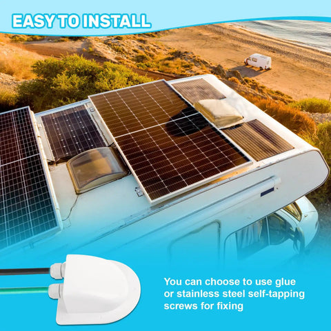 Waterproof ABS Solar Dual Cable Gland Box on RV roof with solar panels at beach; white outdoor cable entry enclosure.