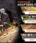 Mountain biker using 2-Pack 26 Inch Mountain Bike Tires And Tubes Set across diverse terrains: grove, city road, sand road, and rain.