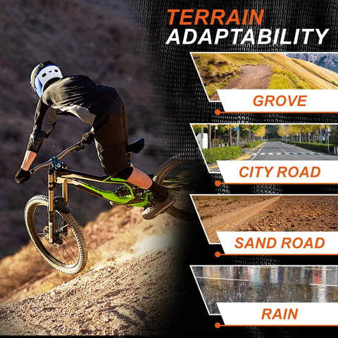 Mountain biker using 2-Pack 26 Inch Mountain Bike Tires And Tubes Set across diverse terrains: grove, city road, sand road, and rain.