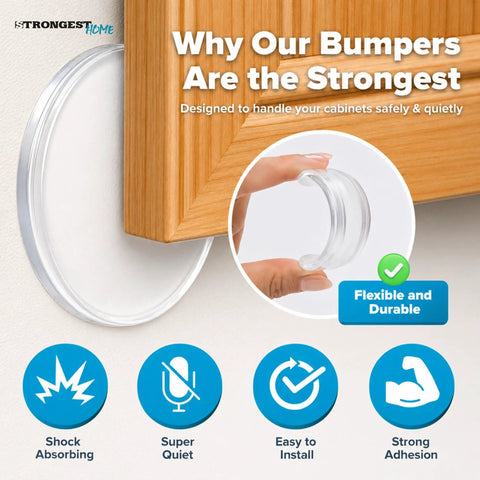 Clear Rubber Door Stoppers Extra Large Self Adhesive Wall Protectors on wooden cabinet keeping walls pristine, flexible and durable.