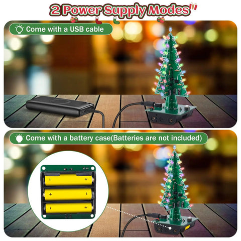 3D Christmas Tree Soldering Kit With LED Flashing Lights In 7 Colors, showing USB and battery power options on a table