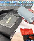 Kickass Clear Heavy Duty Repair Tape For Motorhome Roof Tent Boat Awning Fabric Waterproof Reinforced Adhesive Strip held over patched tent fabric