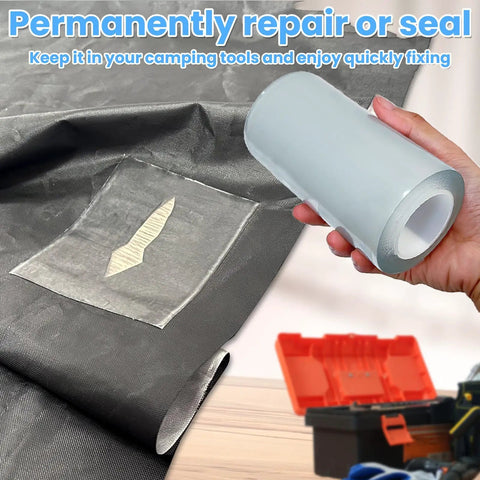 Kickass Clear Heavy Duty Repair Tape For Motorhome Roof Tent Boat Awning Fabric Waterproof Reinforced Adhesive Strip held over patched tent fabric