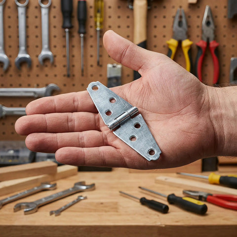 Six Piece Heavy Duty Four Inch Iron Strap Hinges With Pre Drilled Mounting Holes Built Tough For Barn And Shed Doors That Swing Like Butter And Mount Instantly held in hand